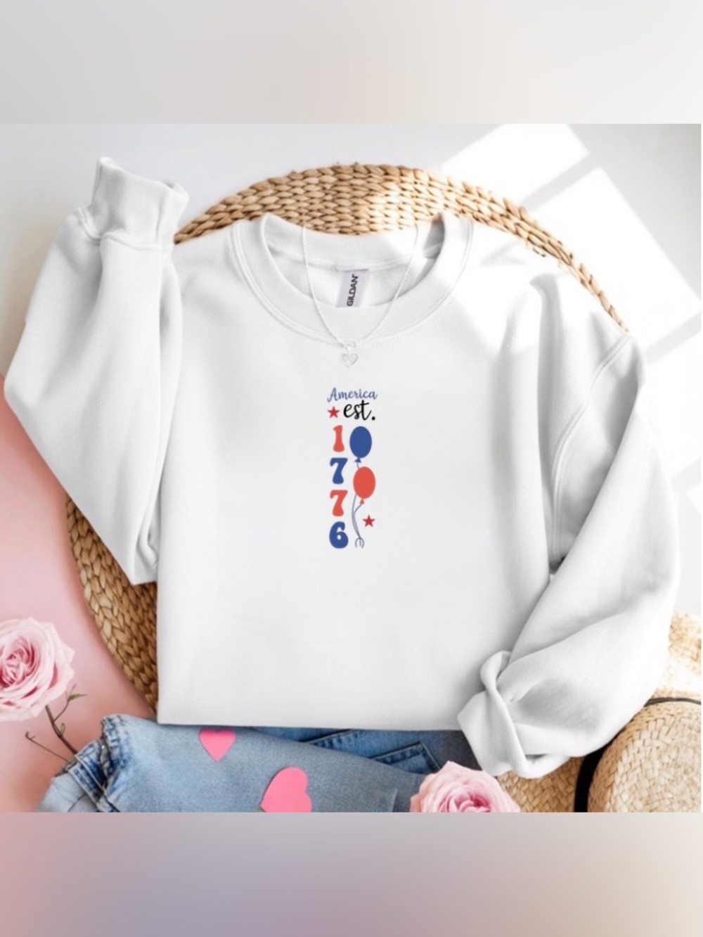 America Est 1776 Balloon Graphic White Crewneck Sweatshirt Patriotic